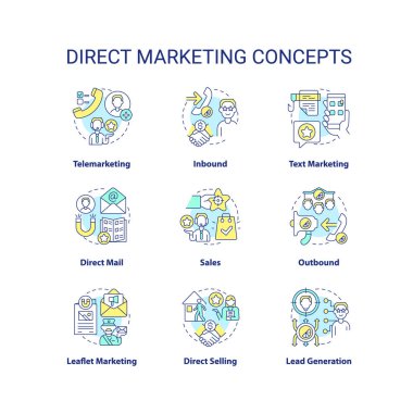 Doğrudan pazarlama konsepti simgeleri ayarlandı. Bireysel satış stratejisi. İş fikri ince çizgi renkli çizimler. İzole semboller. Düzenlenebilir felç. Kullanılan Roboto-Orta, Myriad Pro-Kalın yazı tipleri