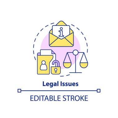 Yasal konular konsept ikonu. Gizlilik ihlali. Doğrudan pazarlama, soyut fikir, ince çizgi çizimi gibi zorluklar. İzole bir taslak çizim. Düzenlenebilir felç. Arial, Myriad Pro-Kalın yazı tipleri