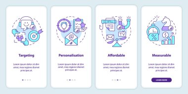 Seyyar uygulama ekranında doğrudan pazarlama faydaları. Avantajlar, doğrusal kavramlarla birlikte düzenlenebilir grafik yönergeleri üzerinden 4 adımda yürür. UI, UX, GUI şablonu. Kullanılan sayısız Pro-Kalın, Düzenli yazı tipleri