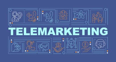 Telemarket kelime kavramları koyu mavi pankart. Ticaret stratejisi. Renk arkaplanında düzenlenebilir simgelere sahip bilgi grafikleri. İzole tipografi. Metinli vektör illüstrasyonu. Kullanılan Arial-Black yazı tipi