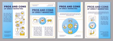 Doğrudan pazarlama mavi broşürünün artıları ve eksileri. Çizgisel simgeli broşür tasarımı. Sunum için düzenlenebilir 4 vektör düzeni, yıllık raporlar. Arial, Myriad Pro-Normal yazı tipleri kullanıldı