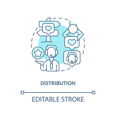 Dağıtım turkuvaz konsept simgesi. Kişiler toplanıyor. Yönlendirme süreci soyut fikir ince çizgi illüstrasyonu. İzole bir taslak çizim. Düzenlenebilir felç. Arial, Myriad Pro-Kalın yazı tipleri