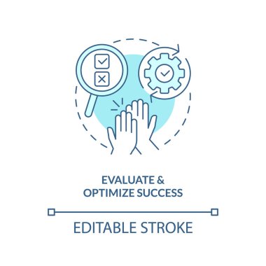 Başarı turkuvaz konsept simgesini değerlendir ve optimize et. Önde gelen terbiye kampanyası soyut fikir ince çizgi çizimi. İzole bir taslak çizim. Düzenlenebilir felç. Arial, Myriad Pro-Kalın yazı tipleri