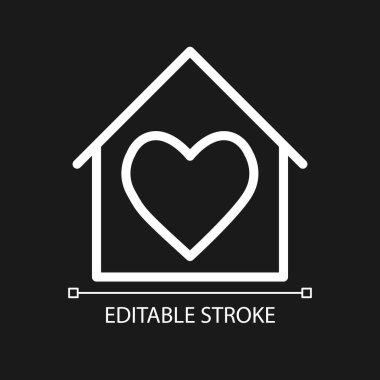 Karanlık tema için ev pikselindeki mükemmel beyaz doğrusal simge ortamını sevmek. Hayırseverlik. Evsizlere yardım et. İnce çizgili çizim. Gece modu için izole edilmiş sembol. Düzenlenebilir felç. Kullanılan Arial yazı tipi