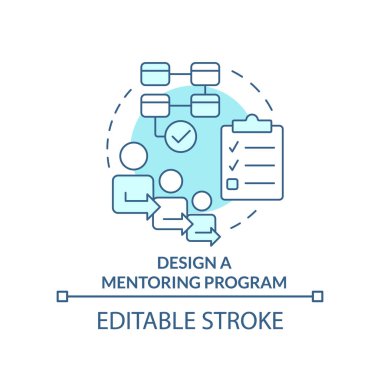 Turkuaz konsept ikonu tasarım programı. Soyut fikirlerin ince çizgi çizimlerini öğretiyorum. Faaliyetler düzenle. İzole bir taslak çizim. Düzenlenebilir felç. Arial, Myriad Pro-Kalın yazı tipleri
