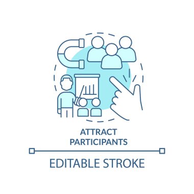 Katılımcıları turkuaz konsept simgesine çek. Soyut ve ince çizgili çizgilere başarılı bir koçluk yaptı. Promosyon programı. İzole bir taslak çizim. Düzenlenebilir felç. Arial, Myriad Pro-Kalın yazı tipleri