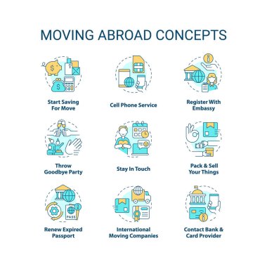 Yurt dışına taşıma konsepti simgeleri ayarlanıyor. Başka bir ülkeye taşınmadan önce. Göçmenlik fikri ince çizgi renk çizimleri. İzole semboller. Düzenlenebilir felç. Kullanılan Roboto-Orta, Myriad Pro-Kalın yazı tipleri