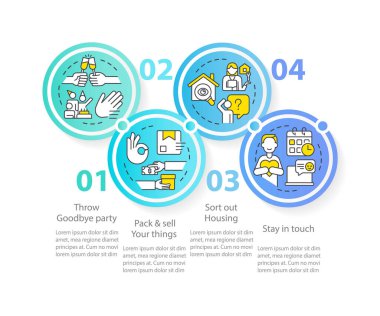 Göçmenlik dairesi bilgi şablonu. Yurt dışına taşınmaya hazırlanın. Veri görselleştirmesi 5 adımda. Düzenlenebilir zaman çizelgesi. Satır simgeleriyle çalışma akışı düzeni. Kullanılan Myriad Pro-Normal yazı tipi