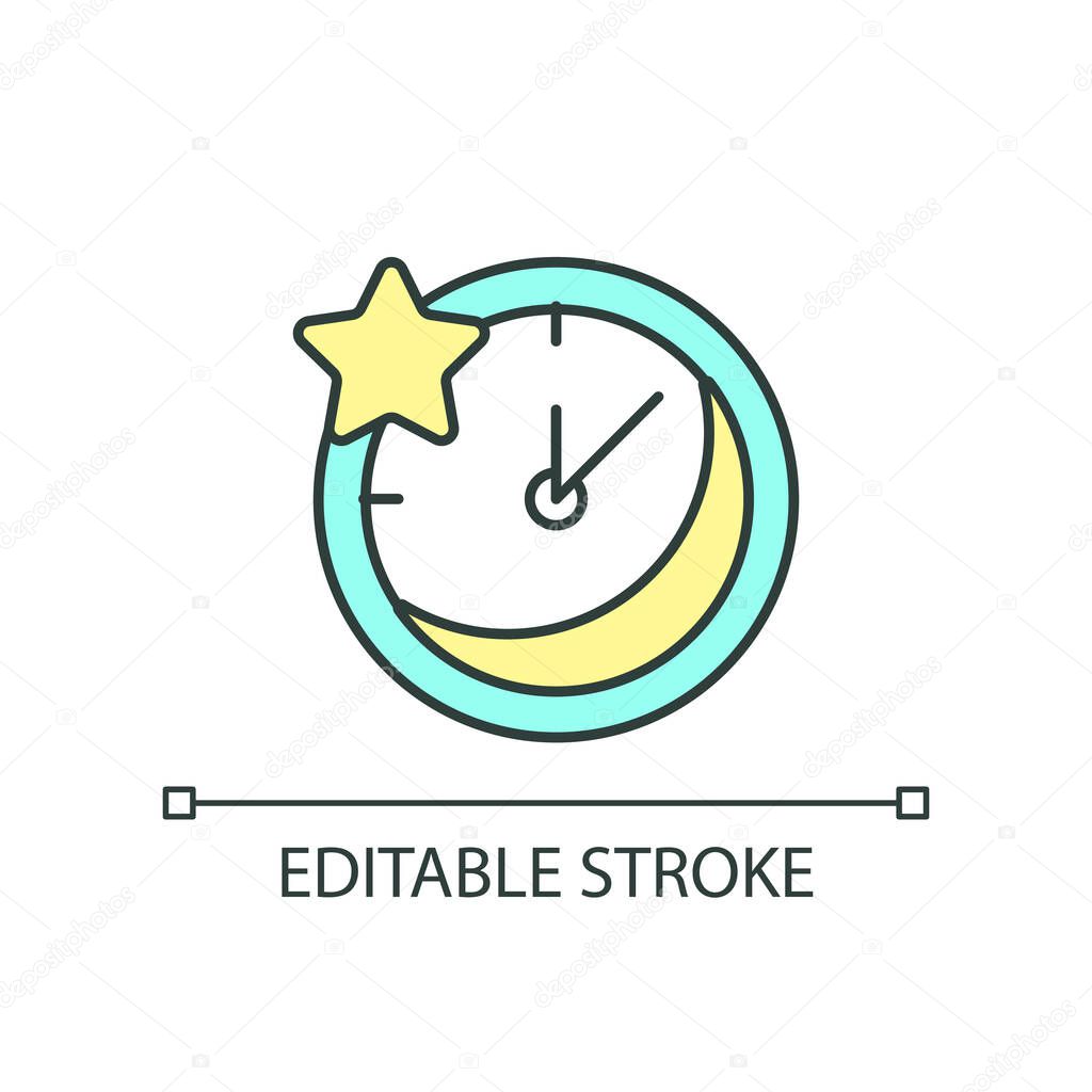 Nighttime RGB color icon. Sleeping time. Bedtime hours. Rest at night. Alarm clock. Timepiece. Isolated vector illustration. Simple filled line drawing. Editable stroke. Arial font used