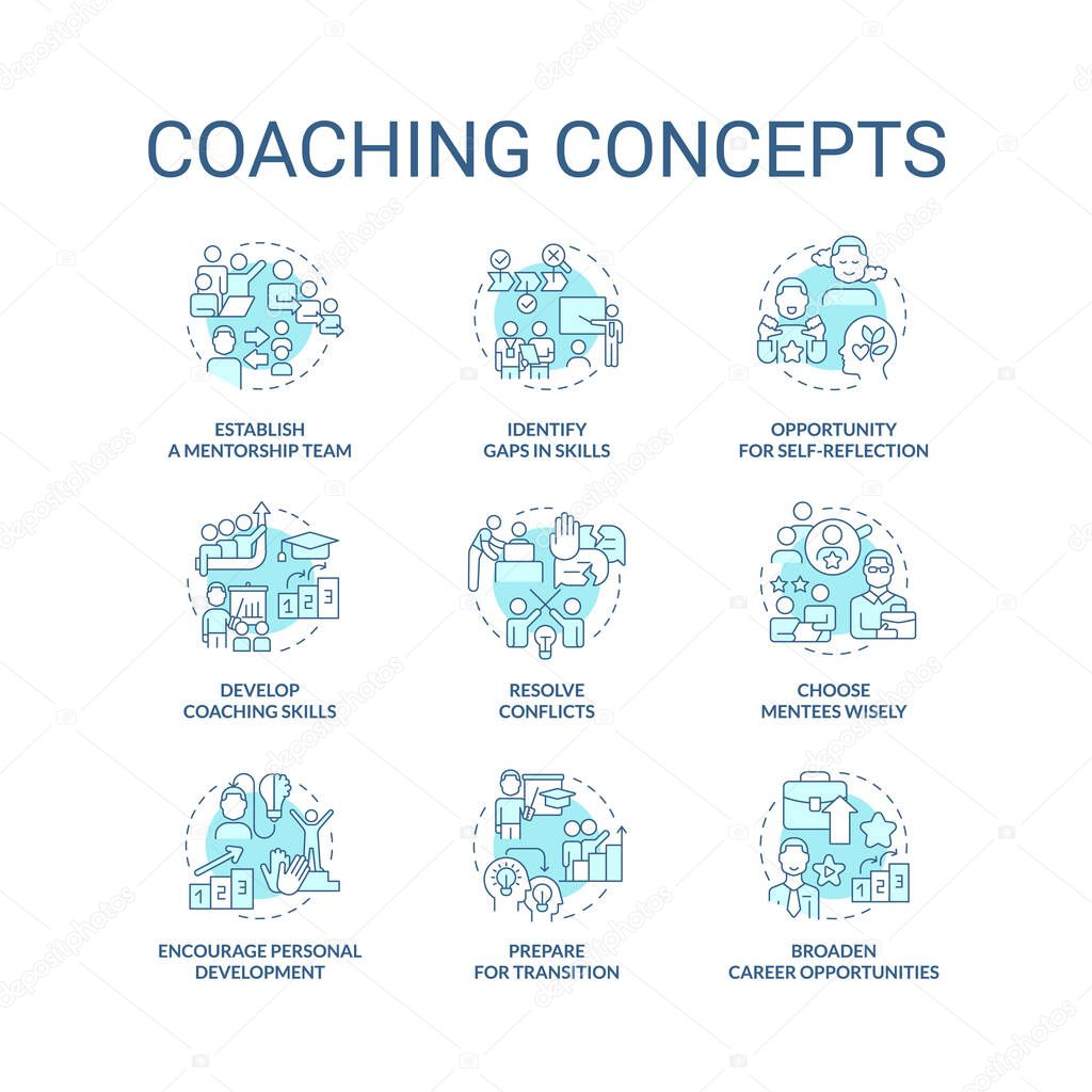Coaching turquoise concept icons set. Mentorship program idea thin line color illustrations. Mentee career opportunities. Isolated symbols. Editable stroke. Roboto-Medium, Myriad Pro-Bold fonts used