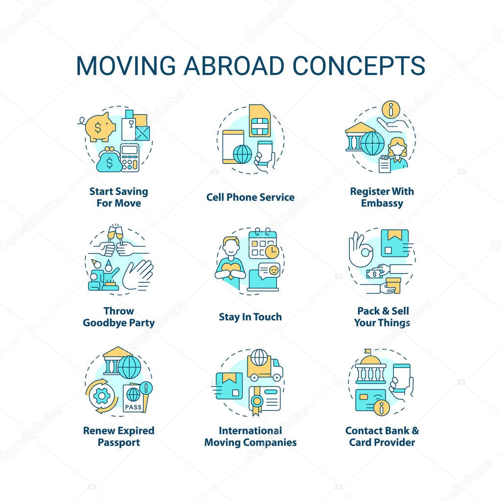 Moving abroad concept icons set. Before relocate to another country tips. Immigration idea thin line color illustrations. Isolated symbols. Editable stroke. Roboto-Medium, Myriad Pro-Bold fonts used