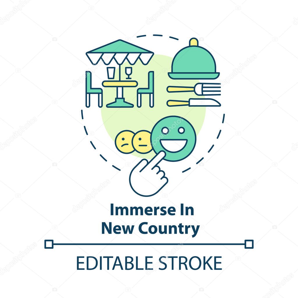 Immerse in new country concept icon. Local experience. Culture integration abstract idea thin line illustration. Isolated outline drawing. Editable stroke. Arial, Myriad Pro-Bold fonts used