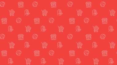 Animasyon nişanı kusursuz desen. Müşteri memnuniyeti. Merkezi ara. Özel indirimle satışları arttır. Kırmızı arkaplanda döngü simgeleri. Web ve mobil ögeler için tekrarlanan HD video canlandırması
