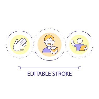 Hoş geldin ve misafir döngü konsepti ikonu. Davranışsal görgü kuralları soyut fikir ince çizgi çizimi. Profesyonel davranış. İzole bir taslak çizim. Düzenlenebilir felç. Kullanılan Arial yazı tipi