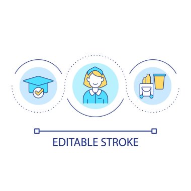 Otel döngüsü konsepti ikonu için oda hizmetleri personeli tutmak. Temizlik işi soyut fikir ince çizgi çizimi. Profesyonel ev işçileri. İzole bir taslak çizim. Düzenlenebilir felç. Kullanılan Arial yazı tipi