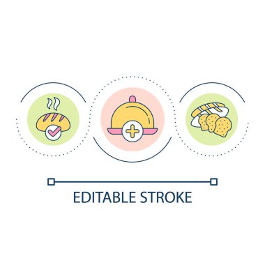 Restoran döngüsü ikonunda ekmek yemek. İştah açıcı, soyut, ince çizgi çizimi sunuyorum. Lezzetli beleş ekmek. Güzel yemek. İzole bir taslak çizim. Düzenlenebilir felç. Kullanılan Arial yazı tipi