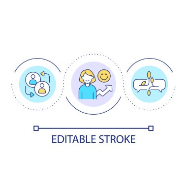 Üretken iletişim becerileri döngü konsepti ikonu. Etkili konuşma soyut fikir ince çizgi çizimi. Çalışanlarla etkileşim. İzole bir taslak çizim. Düzenlenebilir felç. Kullanılan Arial yazı tipi