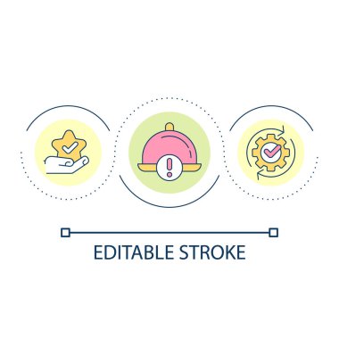 Restoran döngüsü ikonunda yanlış yemeği idare et. Garson olarak problem çözme fikri ince çizgi çizimi. Hatayı telafi et. İzole bir taslak çizim. Düzenlenebilir felç. Kullanılan Arial yazı tipi
