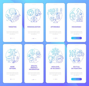 Mobil uygulama ekranında mavi gradyan pazarlamanın faydaları. Doğrusal kavramlarla birlikte 4 aşamalı grafik talimatlar. UI, UX, GUI şablonu. Kullanılan sayısız Pro-Kalın, Düzenli yazı tipleri