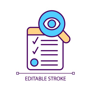 Görev listesi RGB renk simgesini gözden geçir. Veriler analiz ediliyor. Kontrol listesi. Araştırma metni. Bilgileri. İzole vektör çizimi. Basit bir çizgi çizimi. Düzenlenebilir felç. Kullanılan Arial yazı tipi