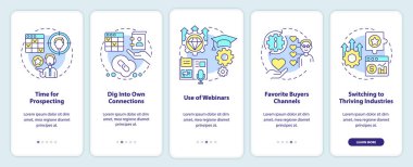 Mobil uygulama ekranında satış arama teknikleri. Yönetim, doğrusal kavramlarla birlikte 5 adım düzenlenebilir grafik yönergelerini gözden geçirir. UI, UX, GUI şablonu. Kullanılan sayısız Pro-Kalın, Düzenli yazı tipleri