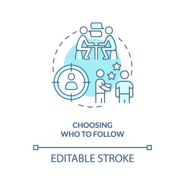 Mavi konsept simgesinin kime bağlanacağını seçiyorum. Benzer fikirli, soyut ve ince çizgili çizgilerle bağlantılar kuruyor. İzole bir taslak çizim. Düzenlenebilir felç. Arial, Myriad Pro-Kalın yazı tipleri