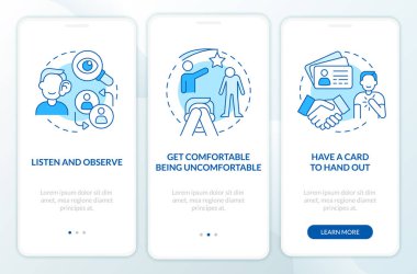 Mobil uygulama ekranında mavi bina ilişkileri. Utangaçlığın üstesinden gelip doğrusal kavramlarla düzenlenebilir grafik talimatlarını uygula. UI, UX, GUI şablonu. Kullanılan sayısız Pro-Kalın, Düzenli yazı tipleri