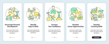 Mobil uygulama ekranında ilişki danışmanlığı yapmanın faydaları. Doğrusal kavramlarla düzenlenebilir grafik yönergelerini 5 adımda gezdir. UI, UX, GUI şablonu. Kullanılan sayısız Pro-Kalın, Düzenli yazı tipleri