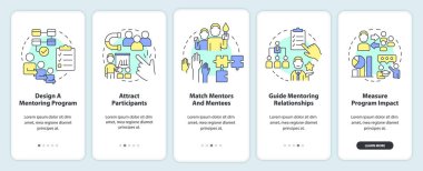 Mobil uygulama ekranında başarılı akıl hocalığı işlemi. Doğrusal kavramlarla düzenlenebilir grafik yönergelerini 5 adımda gezdir. UI, UX, GUI şablonu. Kullanılan sayısız Pro-Kalın, Düzenli yazı tipleri