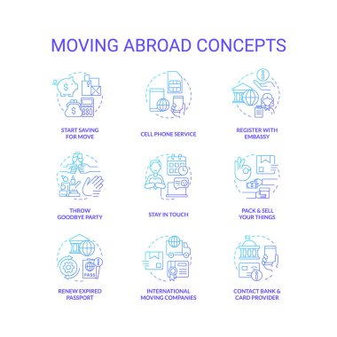 Moving abroad blue gradient concept icons set. Prepare to love in foreign country tips. Immigration idea thin line color illustrations. Isolated symbols. Roboto-Medium, Myriad Pro-Bold fonts used clipart