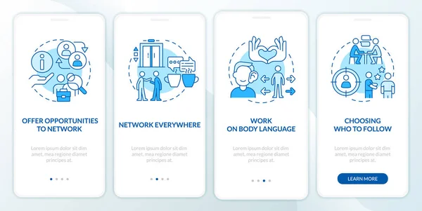 Networking Guide Blue Onboarding Mobile App Screen Stavební Kontakty Procházejí — Stockový vektor