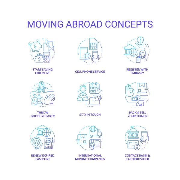 Moving Abroad Blue Gradient Concept Icons Set Prepare Love Foreign — Stock Vector