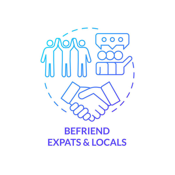 Befriend expats and locals blue gradient concept icon. Relationships in immigration. Contact with foreigners abstract idea thin line illustration. Isolated outline drawing. Myriad Pro-Bold font used