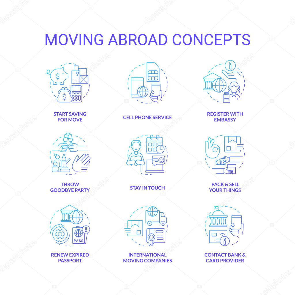 Moving abroad blue gradient concept icons set. Prepare to love in foreign country tips. Immigration idea thin line color illustrations. Isolated symbols. Roboto-Medium, Myriad Pro-Bold fonts used