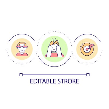 Baş ağrısı problem döngüsü konsepti simgesi. Migren hastalığının belirtileri. Yüksek tansiyon fikri ile başa çıkmak ince çizgi çizimi. İzole bir taslak çizim. Düzenlenebilir felç. Kullanılan Arial yazı tipi