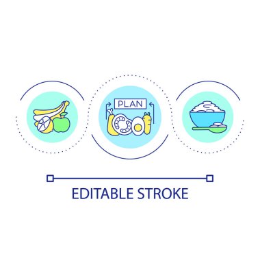 Sağlıklı beslenme döngüsü konsepti ikonu. Diyet için ürünleri seçin. Günlük istihkak fikri ince çizgi çizimi. İzole bir taslak çizim. Düzenlenebilir felç. Kullanılan Arial yazı tipi