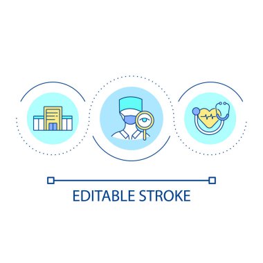 Kardiyolog randevu döngüsü ikonu. Düzenli sağlık kontrolü. Sağlık hizmeti fikri soyut ince çizgi çizimi. İzole bir taslak çizim. Düzenlenebilir felç. Kullanılan Arial yazı tipi