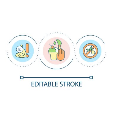 Zararlı gıda katkı maddeleri konsept simgesi. Ürünlerin tehlikeli bileşenleri. Sağlıksız yemekler soyut fikir ince çizgi çizimi. İzole bir taslak çizim. Düzenlenebilir felç. Kullanılan Arial yazı tipi