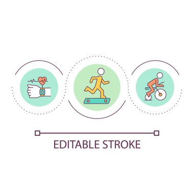 Kardiyo egzersiz döngüsü konsepti ikonu. Sağlıklı yaşam için spor eğitimi. Sağlık ve vücut bakımı fikri soyut ince çizgi çizimi. İzole bir taslak çizim. Düzenlenebilir felç. Kullanılan Arial yazı tipi