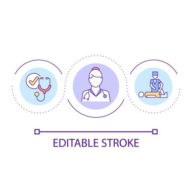 Fizyoterapist randevu döngüsü konsepti ikonu. Hasta rehabilitasyon servisi. Yaralanma sonrası iyileşme soyut fikir ince çizgi çizimi. İzole bir taslak çizim. Düzenlenebilir felç. Kullanılan Arial yazı tipi