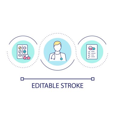 Doktor döngüsü konsept ikonundan reçete. Hastalık tedavisi için ilaç. Sağlık hizmeti fikri soyut ince çizgi çizimi. İzole bir taslak çizim. Düzenlenebilir felç. Kullanılan Arial yazı tipi