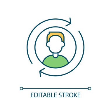 Çalışan cirosu RGB renk simgesi. Eğitime devam. İşçi değişimi. Devam eden öğrenme. Uyumluluk. İzole vektör çizimi. Basit bir çizgi çizimi. Düzenlenebilir felç. Kullanılan Arial yazı tipi