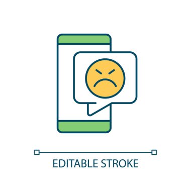 Restoran sosyal medya sitesi RGB renk ikonu hakkında olumsuz geri bildirim. Kötü müşteri değerlendirmesi. Kaba bir yorum. İzole vektör çizimi. Basit bir çizgi çizimi. Düzenlenebilir felç. Kullanılan Arial yazı tipi