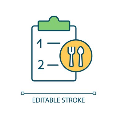 Restoran RGB renk simgesinde menü planlaması. Beslenme ihtiyaçlarını karşılamak. Sağlıklı gıda hazırlığı organize edin. İzole vektör çizimi. Basit bir çizgi çizimi. Düzenlenebilir felç. Kullanılan Arial yazı tipi
