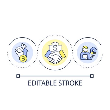 Gayrimenkul satışı kavramı ikonu. Ev almak. Mülk satın alma. Profesyonel emlakçı soyut fikir ince çizgi çizimi. İzole bir taslak çizim. Düzenlenebilir felç. Kullanılan Arial yazı tipi