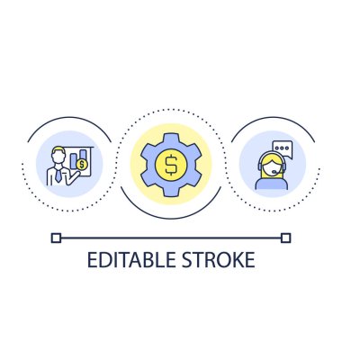 Mali danışmanlık döngüsü konsepti ikonu. İş analizleri. Dış kaynak servisi. Ticari soyut fikir ince çizgi çizimi. İzole bir taslak çizim. Düzenlenebilir felç. Kullanılan Arial yazı tipi