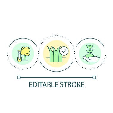 Bahçe ilmeği konsepti ikonu. Ekme ve ekip biçme. Ağaç dikme. Bahçe tasarımı soyut fikir ince çizgi çizimi. İzole bir taslak çizim. Düzenlenebilir felç. Kullanılan Arial yazı tipi