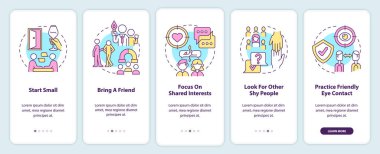 Mobil uygulama ekranında utangaç profesyoneller için ağ kurmak. Doğrusal kavramlarla düzenlenebilir beş adımlık grafik yönergelerine rehberlik et. UI, UX, GUI şablonu. Kullanılan sayısız Pro-Kalın, Düzenli yazı tipleri