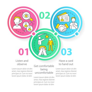 Utangaç profesyoneller için ağ oluşturma stratejileri. Veri görselleştirmesi 3 adımda. Düzenlenebilir zaman çizelgesi. Satır simgeleriyle çalışma akışı düzeni. Kullanılan Myriad Pro-Normal yazı tipi