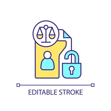 Yasal dava belgelerini aç RGB renk simgesi. Kişisel bilgilere erişim. Mahkeme evrakları klasörü. İzole vektör çizimi. Basit bir çizgi çizimi. Düzenlenebilir felç. Kullanılan Arial yazı tipi